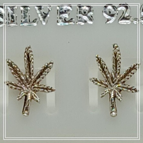 Vintage Jewelry - Vintage 1990s Sterling Silver 925 Cannabis Leaf Stud Earrings Marijuana Pot Leaf